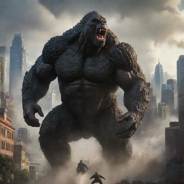 An exciting illustration of Godzilla and Kong locked in a fierce battle within a city's backdrop, emphasizing their monstrous sizes.