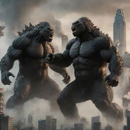 An exciting illustration of Godzilla and Kong locked in a fierce battle within a city's backdrop, emphasizing their monstrous sizes.