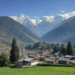 Revise the previous image by removing the snow-capped Himalayan mountains from the background. Replace it with a more natural and peaceful rural setting that represents authentic Himachal lifestyle.