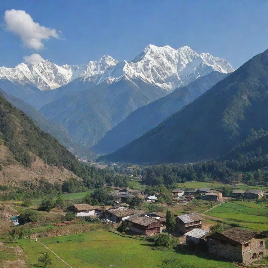 Revise the previous image by removing the snow-capped Himalayan mountains from the background. Replace it with a more natural and peaceful rural setting that represents authentic Himachal lifestyle.