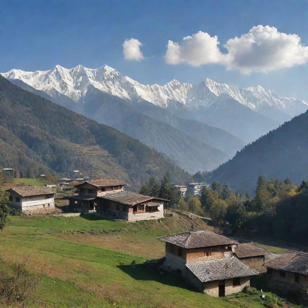 Revise the previous image by removing the snow-capped Himalayan mountains from the background. Replace it with a more natural and peaceful rural setting that represents authentic Himachal lifestyle.