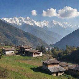 Revise the previous image by removing the snow-capped Himalayan mountains from the background. Replace it with a more natural and peaceful rural setting that represents authentic Himachal lifestyle.