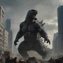 A dramatic composition featuring Godzilla, with a pronounced spine and tail, in a brink of a fierce combat with Kong set in an urban scenery.