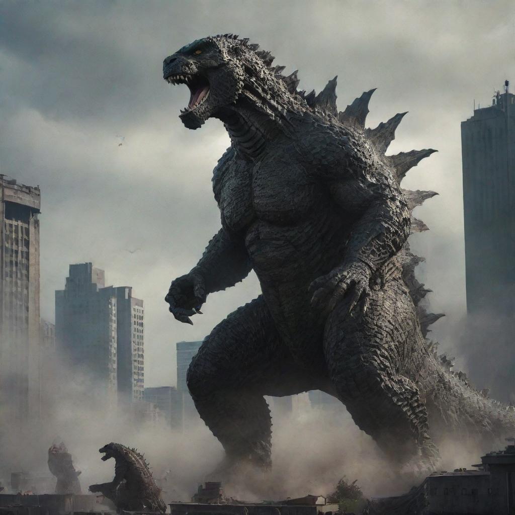 A dramatic composition featuring Godzilla, with a pronounced spine and tail, in a brink of a fierce combat with Kong set in an urban scenery.