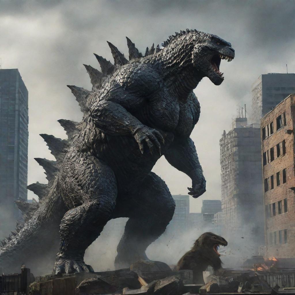 A dramatic composition featuring Godzilla, with a pronounced spine and tail, in a brink of a fierce combat with Kong set in an urban scenery.