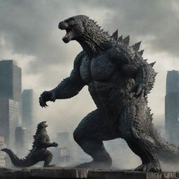 A dramatic composition featuring Godzilla, with a pronounced spine and tail, in a brink of a fierce combat with Kong set in an urban scenery.