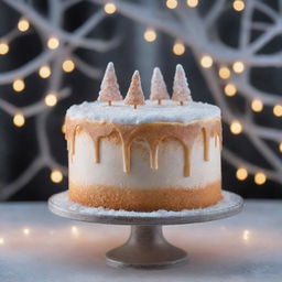 A magical cake on a dreamy winter landscape, dusted with sugar-like snow, surrounded by twinkling fairy lights.