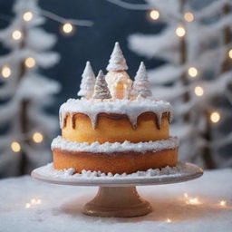 A magical cake on a dreamy winter landscape, dusted with sugar-like snow, surrounded by twinkling fairy lights.