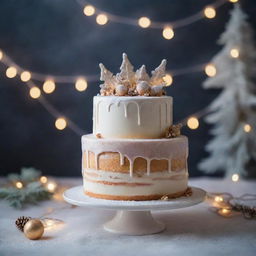 A magical cake on a dreamy winter landscape, dusted with sugar-like snow, surrounded by twinkling fairy lights.