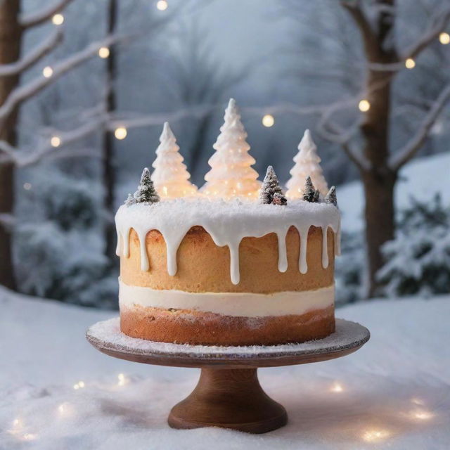 A magical cake on a dreamy winter landscape, dusted with sugar-like snow, surrounded by twinkling fairy lights.