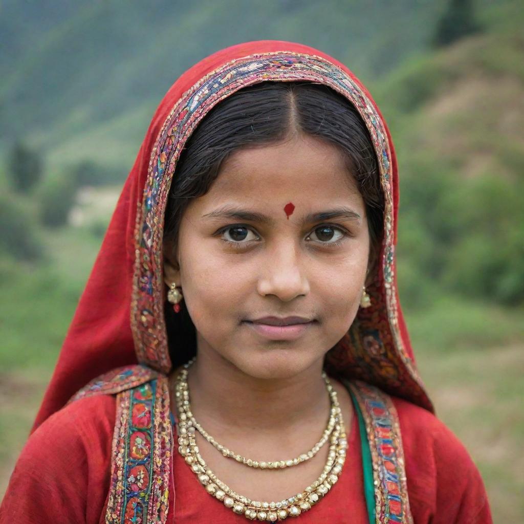 A young Himachali girl from India, dressed in her traditional vibrant attire, in a peaceful Himachal rural setting.