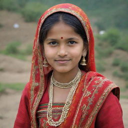 A young Himachali girl from India, dressed in her traditional vibrant attire, in a peaceful Himachal rural setting.