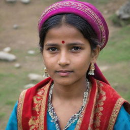 A young Himachali girl from India, dressed in her traditional vibrant attire, in a peaceful Himachal rural setting.