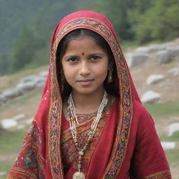 A young Himachali girl from India, dressed in her traditional vibrant attire, in a peaceful Himachal rural setting.