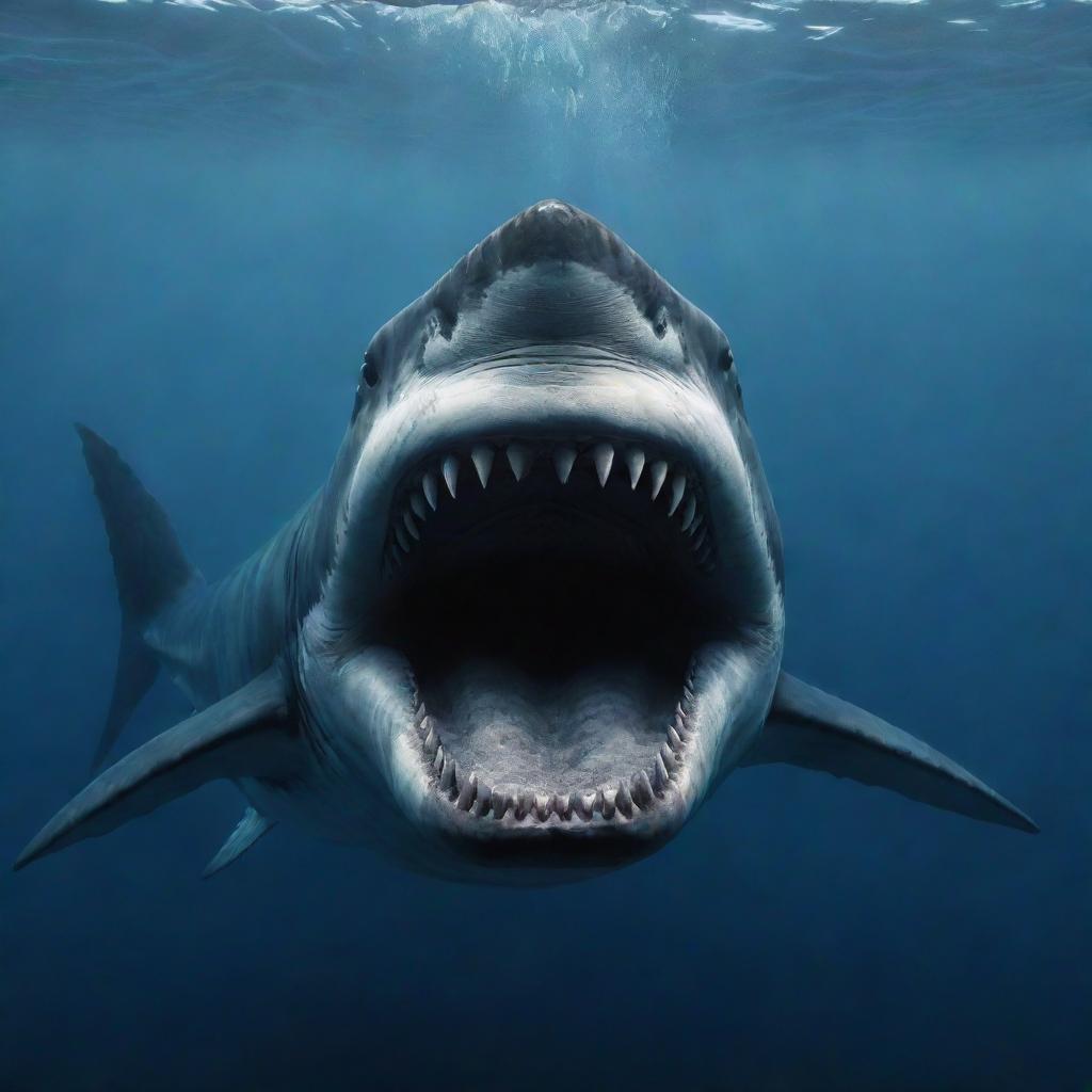 A chilling, deep sea depiction of the Megalodon, the largest and most powerful predator in vertebrate history, with its massive jaw and terrifying teeth.