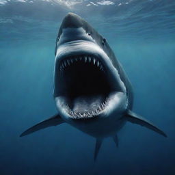 A chilling, deep sea depiction of the Megalodon, the largest and most powerful predator in vertebrate history, with its massive jaw and terrifying teeth.