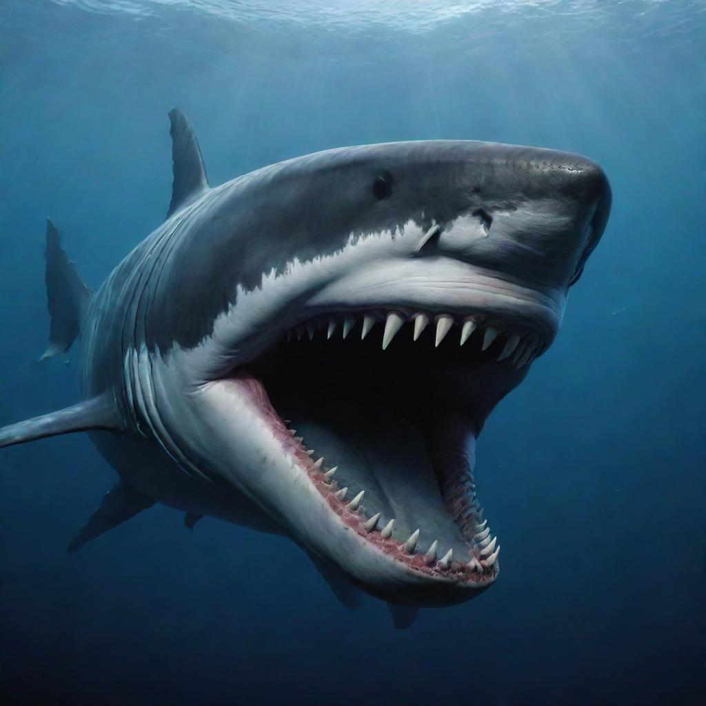 A chilling, deep sea depiction of the Megalodon, the largest and most powerful predator in vertebrate history, with its massive jaw and terrifying teeth.