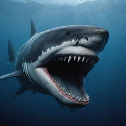 A chilling, deep sea depiction of the Megalodon, the largest and most powerful predator in vertebrate history, with its massive jaw and terrifying teeth.