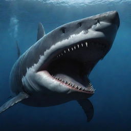 A chilling, deep sea depiction of the Megalodon, the largest and most powerful predator in vertebrate history, with its massive jaw and terrifying teeth.