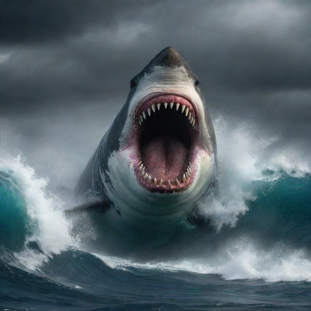 A thrilling image depicting a Megalodon, the massive prehistoric shark, bearing its teeth as it ominously approaches a frantically struggling ship in the middle of a stormy sea.