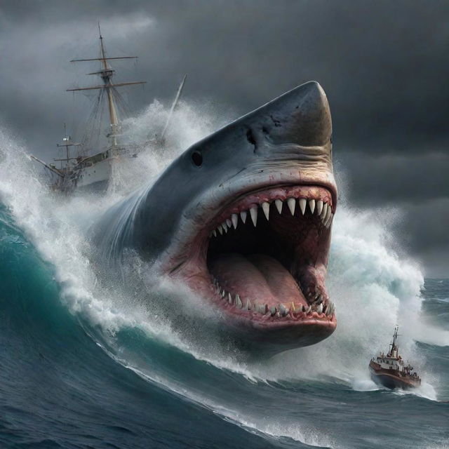 A thrilling image depicting a Megalodon, the massive prehistoric shark, bearing its teeth as it ominously approaches a frantically struggling ship in the middle of a stormy sea.