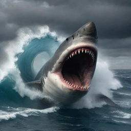 A thrilling image depicting a Megalodon, the massive prehistoric shark, bearing its teeth as it ominously approaches a frantically struggling ship in the middle of a stormy sea.