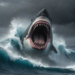 A thrilling image depicting a Megalodon, the massive prehistoric shark, bearing its teeth as it ominously approaches a frantically struggling ship in the middle of a stormy sea.