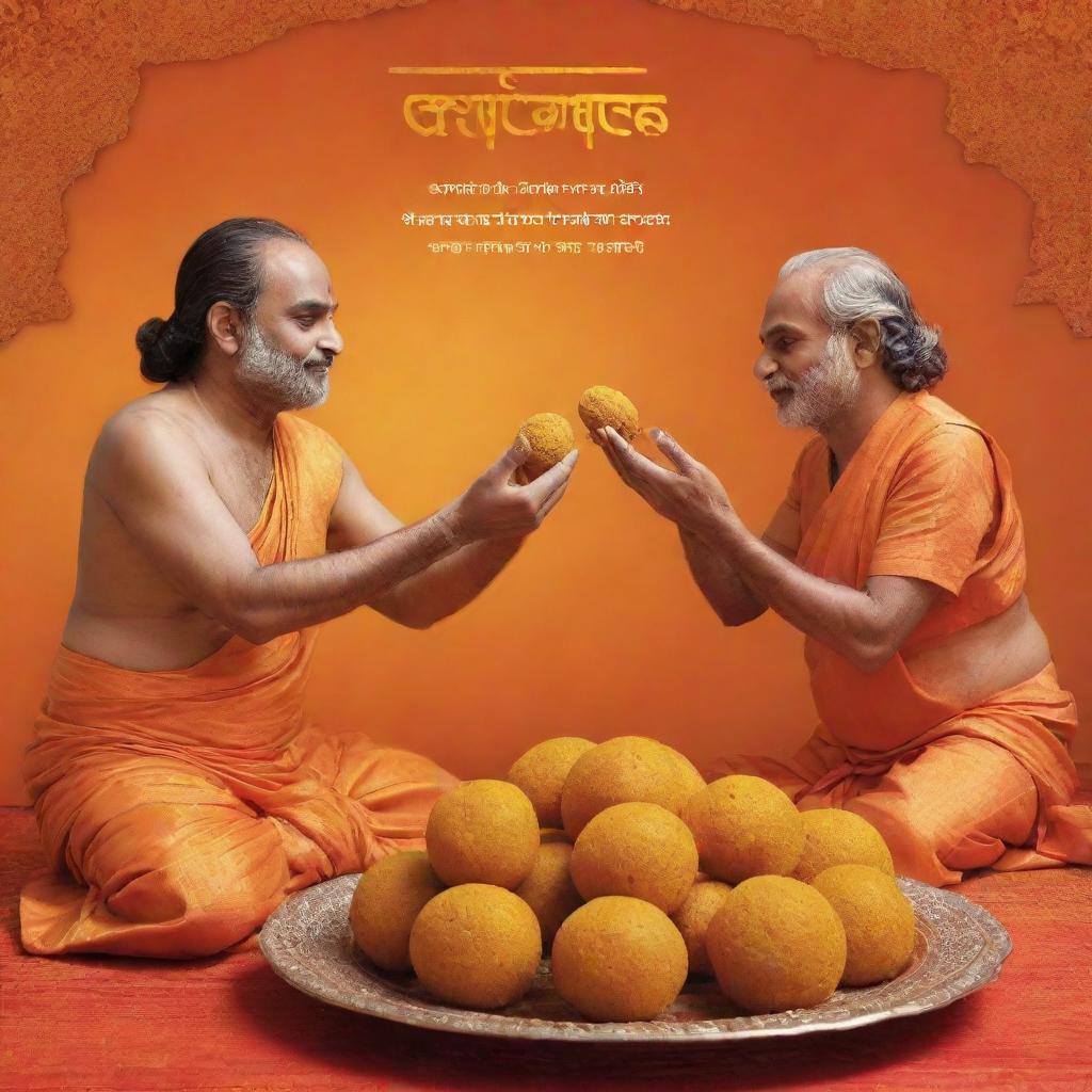 A pristine image of Churama laddoo being offered to Prabhu Sri Ram, set against a striking saffron background. The tagline 'राम आयेंगे भोग नहीं लगाओगे' is present in clear Hindi script.