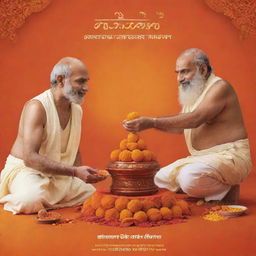 A pristine image of Churama laddoo being offered to Prabhu Sri Ram, set against a striking saffron background. The tagline 'राम आयेंगे भोग नहीं लगाओगे' is present in clear Hindi script.