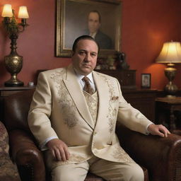 A Mexican version of Tony Soprano, dressed in traditional Mexican attire, in a richly detailed living room setting reminiscent of a mob boss's home