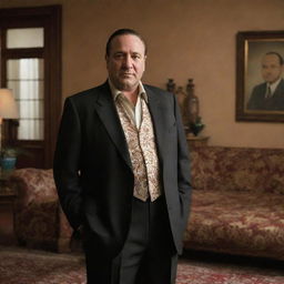 A Mexican version of Tony Soprano, dressed in traditional Mexican attire, in a richly detailed living room setting reminiscent of a mob boss's home