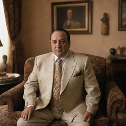 A Mexican version of Tony Soprano, dressed in traditional Mexican attire, in a richly detailed living room setting reminiscent of a mob boss's home