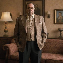 A Mexican version of Tony Soprano, dressed in traditional Mexican attire, in a richly detailed living room setting reminiscent of a mob boss's home