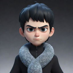 A 3D animated boy with an angry expression, draped in black aesthetic attire, a frosty ice snake entwining his neck.