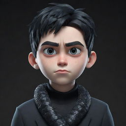 A 3D animated boy with an angry expression, draped in black aesthetic attire, a frosty ice snake entwining his neck.