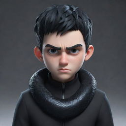 A 3D animated boy with an angry expression, draped in black aesthetic attire, a frosty ice snake entwining his neck.