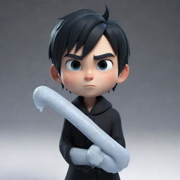 A 3D animated boy with an angry expression, draped in black aesthetic attire, a frosty ice snake entwining his neck.