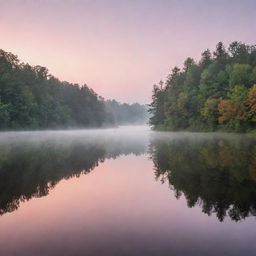 Scenery of a tranquil lake at sunrise, with a pink and orange tinge in the sky and its reflection in the calm water. Surrounding the lake is a dense green forest, mist hanging low over the water.