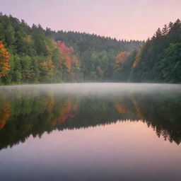 Scenery of a tranquil lake at sunrise, with a pink and orange tinge in the sky and its reflection in the calm water. Surrounding the lake is a dense green forest, mist hanging low over the water.