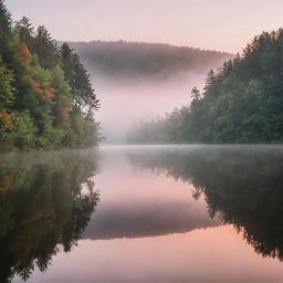 Scenery of a tranquil lake at sunrise, with a pink and orange tinge in the sky and its reflection in the calm water. Surrounding the lake is a dense green forest, mist hanging low over the water.