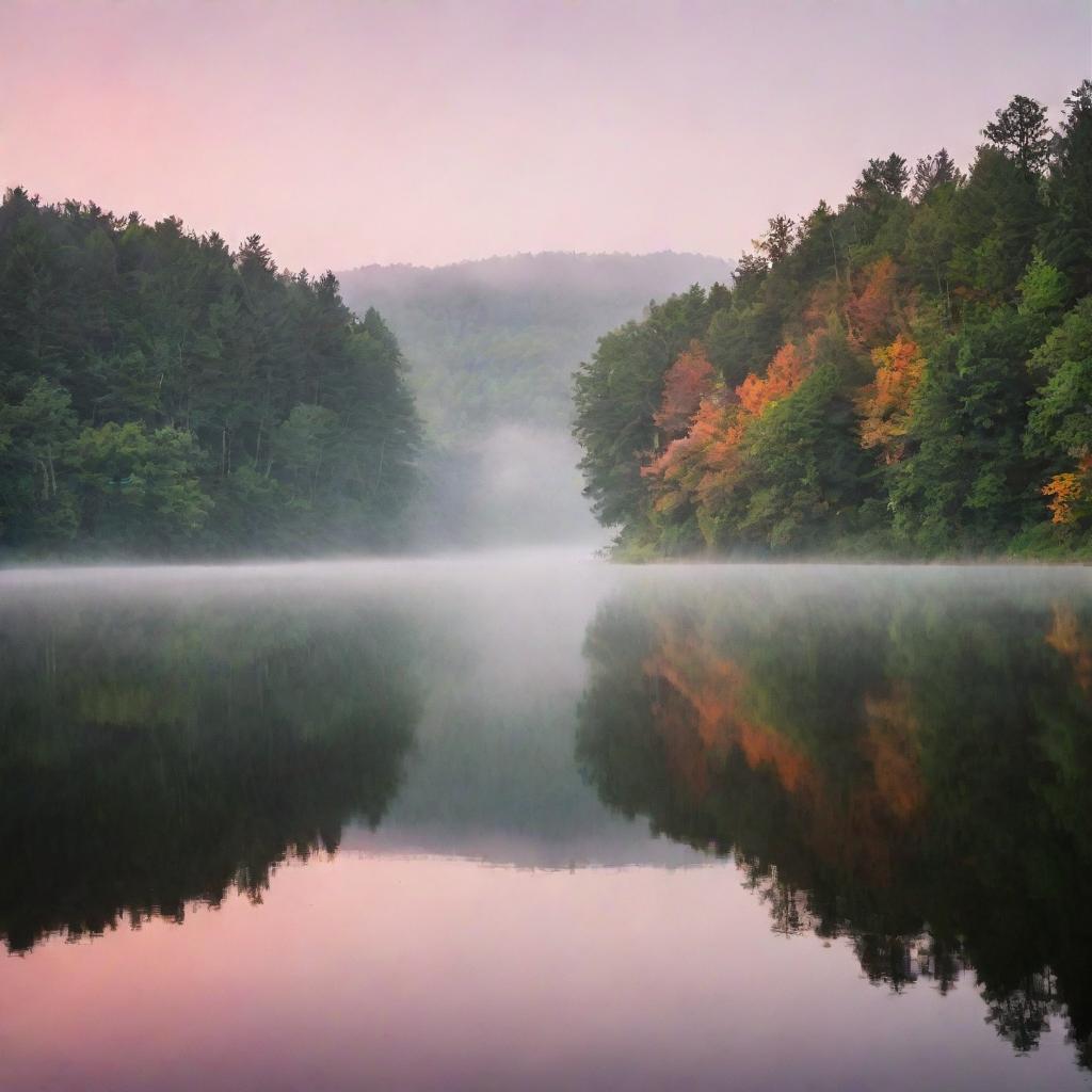 Scenery of a tranquil lake at sunrise, with a pink and orange tinge in the sky and its reflection in the calm water. Surrounding the lake is a dense green forest, mist hanging low over the water.