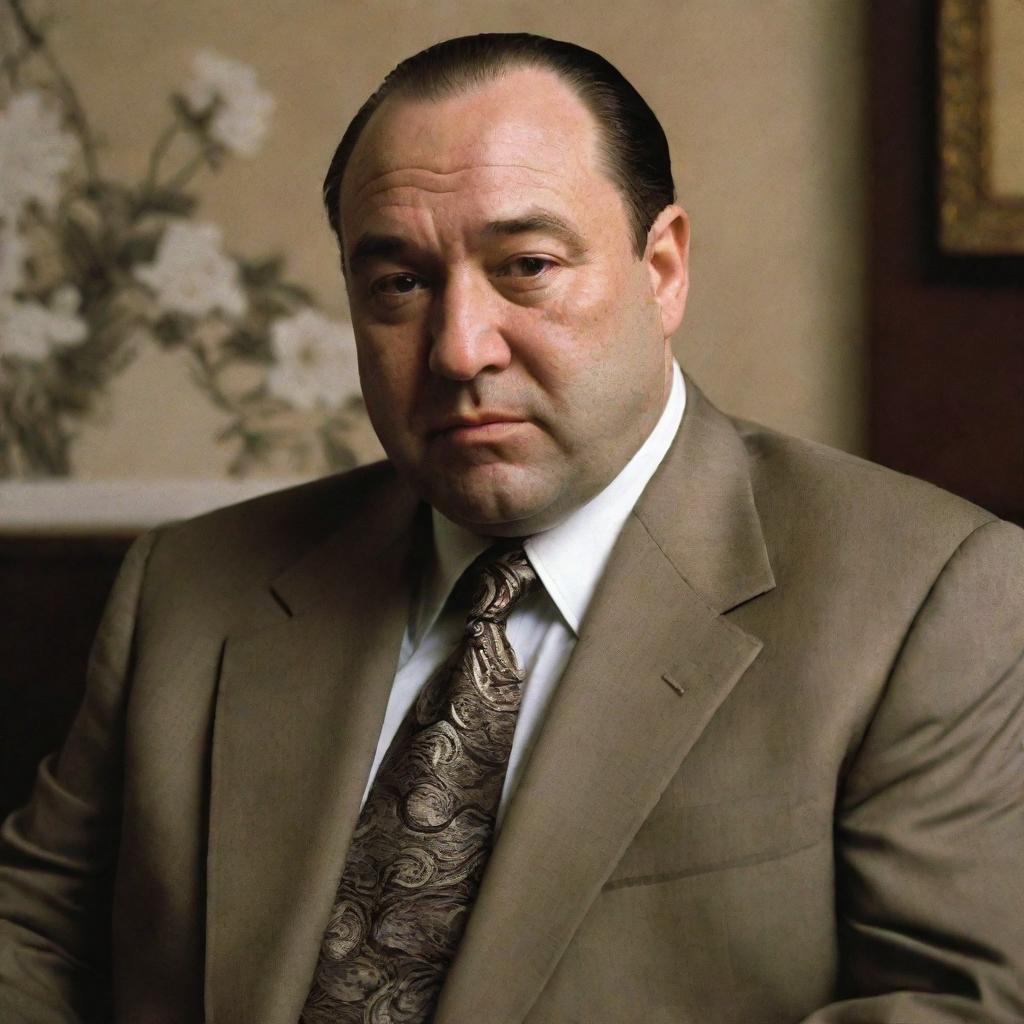 Generate an image of Tony Soprano with East Asian (Chinese) characteristics, maintaining his signature style, charismatic persona, yet incorporating traditional Chinese elements.