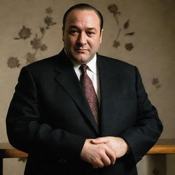 Generate an image of Tony Soprano with East Asian (Chinese) characteristics, maintaining his signature style, charismatic persona, yet incorporating traditional Chinese elements.