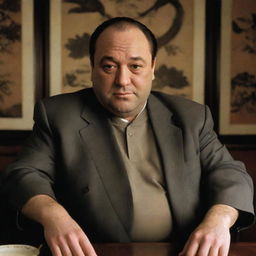 Enhance the image of Tony Soprano with more distinctive Chinese features, incorporating more explicit traditional Chinese cultural elements and styles.