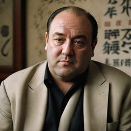 Enhance the image of Tony Soprano with more distinctive Chinese features, incorporating more explicit traditional Chinese cultural elements and styles.