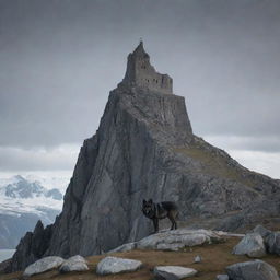 A somber castle tinted in hues of black and grey, nestled in the dark landscapes of Greenland, with a lone wolf perched steadfast on a rock, gazing upon the castle.