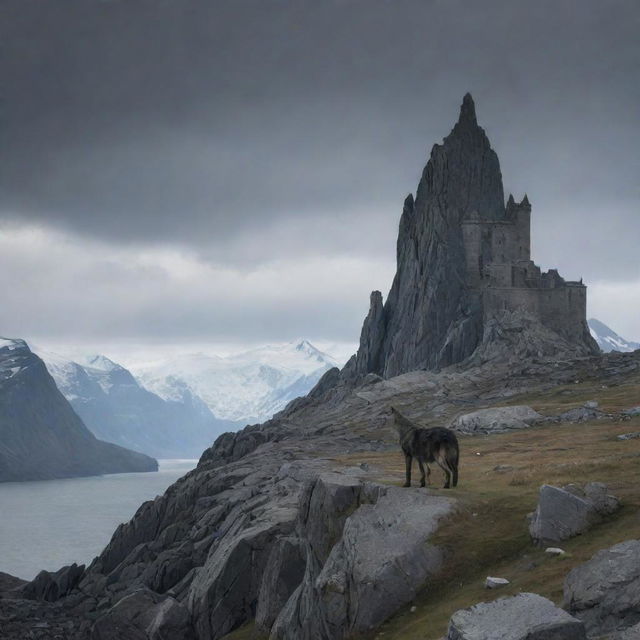 A somber castle tinted in hues of black and grey, nestled in the dark landscapes of Greenland, with a lone wolf perched steadfast on a rock, gazing upon the castle.