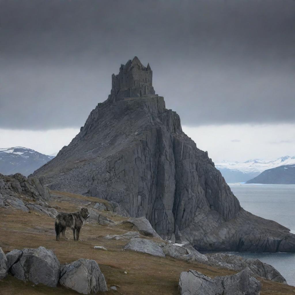 A somber castle tinted in hues of black and grey, nestled in the dark landscapes of Greenland, with a lone wolf perched steadfast on a rock, gazing upon the castle.