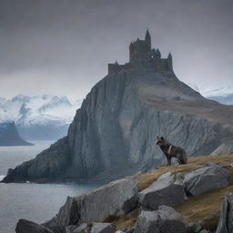 A somber castle tinted in hues of black and grey, nestled in the dark landscapes of Greenland, with a lone wolf perched steadfast on a rock, gazing upon the castle.