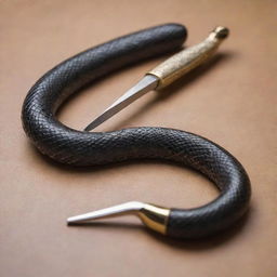 A barber's straight razor intertwined with a slithering snake.